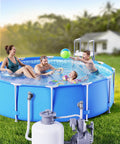 Family enjoying a round blue above-ground pool with sand pump system, highlighting the Above Ground Pool Inlet And Return Replacement Kit With Plunger Valve And 1.5 Inch Outlet Strainer Connector Jet Nozzle And Strainer Grid For Quick No Fuss Upgrades Fits Intex And Coleman Pool Parts And Sand Pumps.