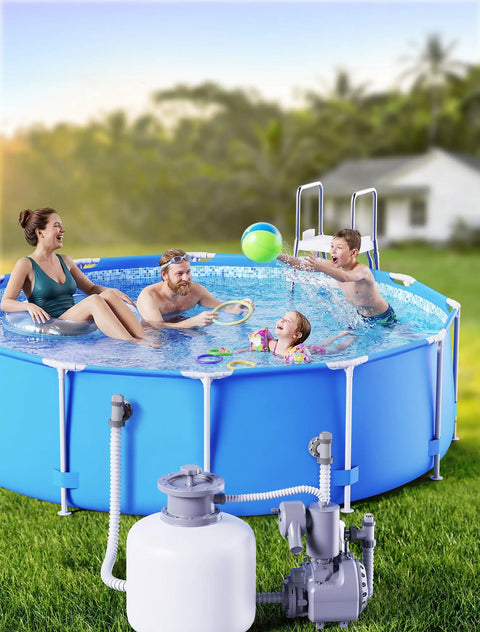 Family enjoying a round blue above-ground pool with sand pump system, highlighting the Above Ground Pool Inlet And Return Replacement Kit With Plunger Valve And 1.5 Inch Outlet Strainer Connector Jet Nozzle And Strainer Grid For Quick No Fuss Upgrades Fits Intex And Coleman Pool Parts And Sand Pumps.