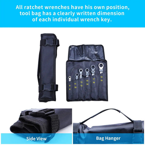 Six Piece Metric Ratchet Wrench Set With Double Box End Flex Heads, 72-Tooth Gear, in handy organizer pouch, side view