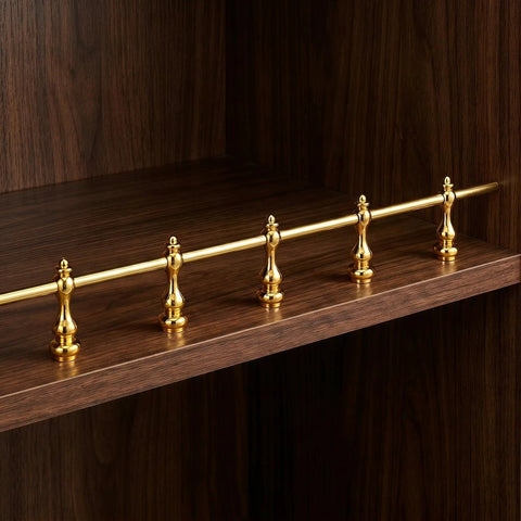 12 Pack Gold Shelf Rail Brackets for Cabinets and Bars, 6mm Hole Metal Construction displayed on wooden shelving