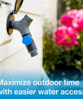 Comfort Grip VB Hose Connector with Vacuum Breaker attached to outdoor hydrant, ergonomic no slip grip, slate gray