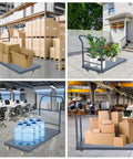 Beefy 60x30 Flatbed Cart With 2000 Lb Capacity, Steel Flat Dolly, Swivel Wheels, Rugged Industrial Utility Cart For Warehouse, Moving Luggage, And Tough Jobs, loaded with boxes
