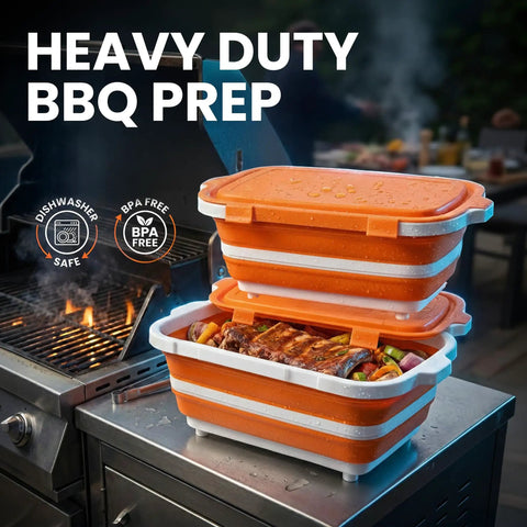 Two Pack 8L Collapsible BBQ Prep Tub With Upgraded Locking Lid Multifunction Camping Cutting Board And Meat Storage Container on grill