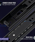 Hella Smooth 12 Inch Side Mount Drawer Slides Built With Full Extension Ball Bearings And Rock Solid 100 Pound Support For Kitchen Cabinets Dressers And Weekend Shop Upgrades showing black slides with rubber crash pads and ball bearings.