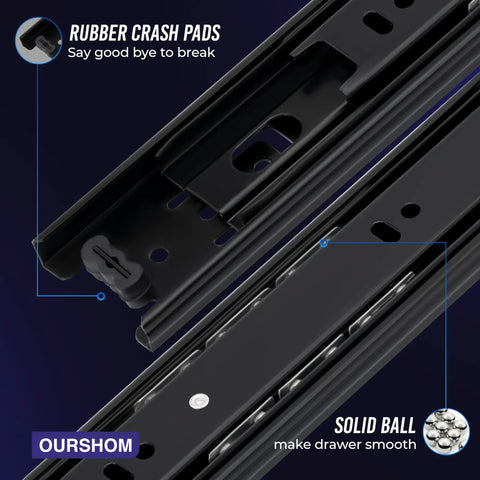 Hella Smooth 12 Inch Side Mount Drawer Slides Built With Full Extension Ball Bearings And Rock Solid 100 Pound Support For Kitchen Cabinets Dressers And Weekend Shop Upgrades showing black slides with rubber crash pads and ball bearings.