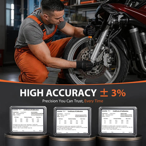 Mechanic using Six Piece Torque Wrench Set With One Half Inch Drive, Three Eighths Inch Drive, And One Quarter Inch Drive, Click Type Wrenches With Plus Or Minus Three Percent Accuracy, Chrome Plated CR-V Steel For Durable Auto Repair And Precise Fastening on motorcycle