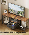 Reliable Industrial TV Console With Fabric Drawer And Open Storage Rack For 50 To 55 Inch Screens in rustic brown with open shelves.