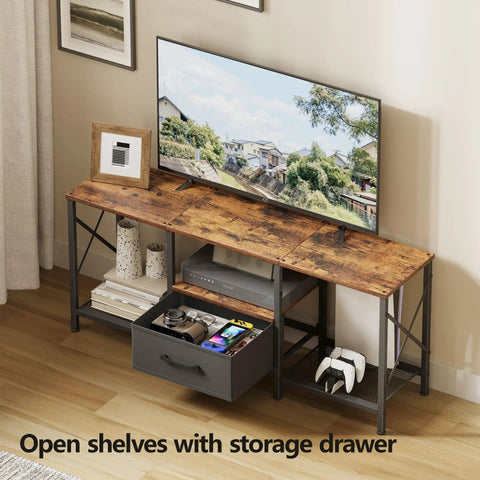Reliable Industrial TV Console With Fabric Drawer And Open Storage Rack For 50 To 55 Inch Screens in rustic brown with open shelves.