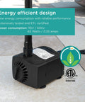 400 GPH Low Water Auto Shut Off Fountain Pump With LED Light for 3 To 5 Feet Fountains on outdoor tile surface showing energy efficiency