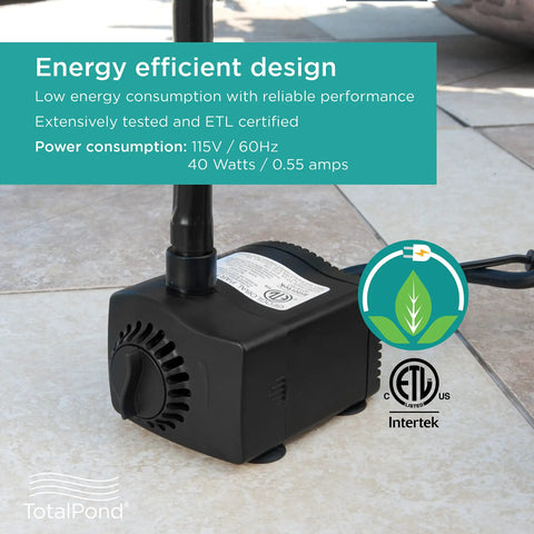 400 GPH Low Water Auto Shut Off Fountain Pump With LED Light for 3 To 5 Feet Fountains on outdoor tile surface showing energy efficiency