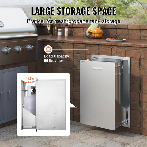Outdoor Kitchen Trash Drawer System With Heavy Duty Stainless Steel Storage For Backyard BBQ Islands And Grills Pull Out Trash Bin Cabinet 19.7W X 29H X 15.7D Inches installed