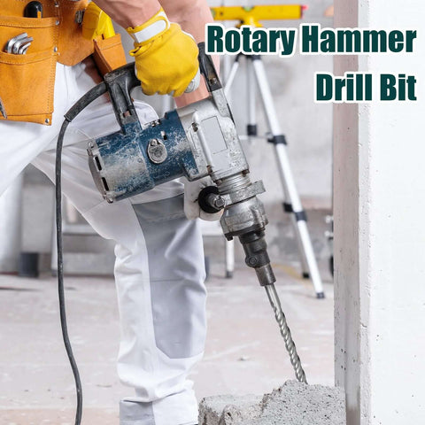 Side view of blue SDS Plus rotary hammer drill with a 59-inch masonry bit drilling into concrete.