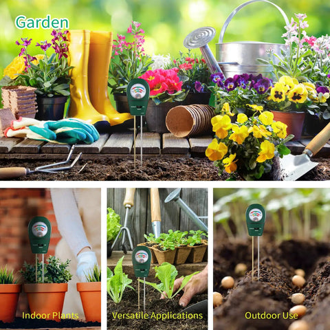 Three In One Soil Tester For Garden And Lawn Care With PH Fertility Test And Moisture Meter No Battery Needed Easy To Use Probe displayed among plants in garden setting