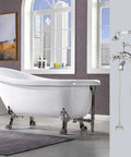 Heavy Duty Acrylic Clawfoot Bathtub Featuring Fly Slipper Contour And Straight Up Brushed Nickel Fixtures complete in a modern bathroom.