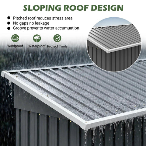 Waterproof 9.6 Ft By 2.3 Ft Storage Shed With Gazebo Porch sloping roof design showing rainwater drainage