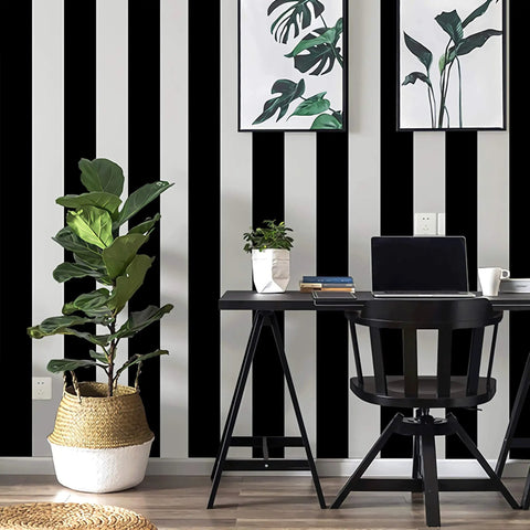 Room with Black And White Stripe Peel And Stick Contact Paper Self-Adhesive Wallpaper Removable Wall Covering For Living Room Bedroom Counters Shelves And Drawers 197 Inches Long By 17.7 Inches Wide Modern Decor on wall, desk, and chair.