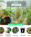 3 In 1 Soil Tester With Moisture, Light And pH Meter For Indoor Outdoor Use in a greenhouse with various plants and usage icons