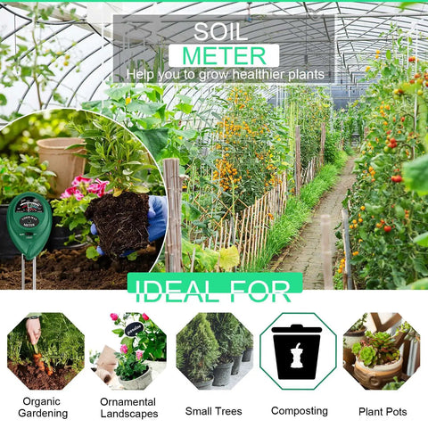 3 In 1 Soil Tester With Moisture, Light And pH Meter For Indoor Outdoor Use in a greenhouse with various plants and usage icons