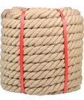 1.5 Inch Thick Twisted Rope, 100 Feet Of Natural Fiber For Landscaping, Crafts, Boating, Marine Use, coiled with red ties