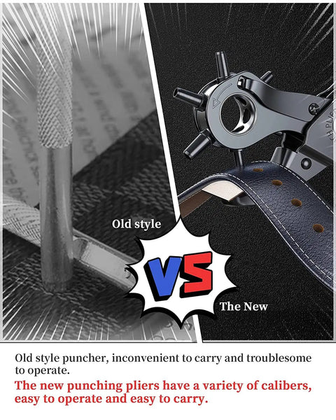 Comparison of old style puncher vs Rotating Leather Hole Punch Kit With Six Diameters From 2Mm To 4.5Mm For Belts.
