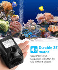 Submersible Fountain Pump With Ultra Quiet Operation 400 GPH 25W for aquariums, shown held next to vibrant coral reef water tank