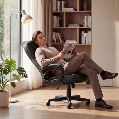 Man relaxing in All Day Comfort Executive Office Chair With High Back And Lumbar Support reading a magazine by a window.