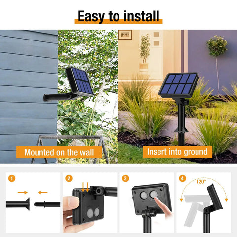 Easy installation of Outdoor Solar String Lights 4 Pack, 132 Ft Total, 320 LEDs Warm White Copper Wire, wall or ground setup