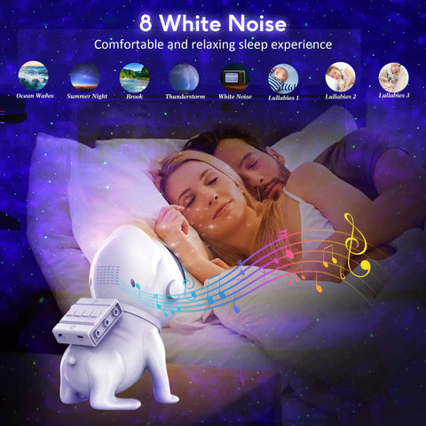 Couple sleeping with Nebula Star Projector for Bedroom, Bluetooth speaker, timer, white noise, LED night light, ceiling projection.