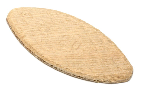 Close-up of No 20 Birch Wood Biscuit for woodworking, showing diagonal grain pattern, 56 by 23 by 4 mm, for joint reinforcement.
