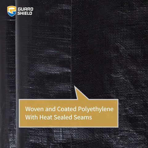 Heavy Duty Waterproof 12x16 Feet Black Poly Tarp Cover For Outdoors With Grommets 10 Mil Thick Tarpaulin showing woven polyethylene and seams