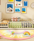 Totally Kid Approved Wooden Floor Bed With Secure Lockable Door And Heavy Duty Guardrails, Low Profile Montessori Sleeping Platform For Toddlers in a cozy surrounding.