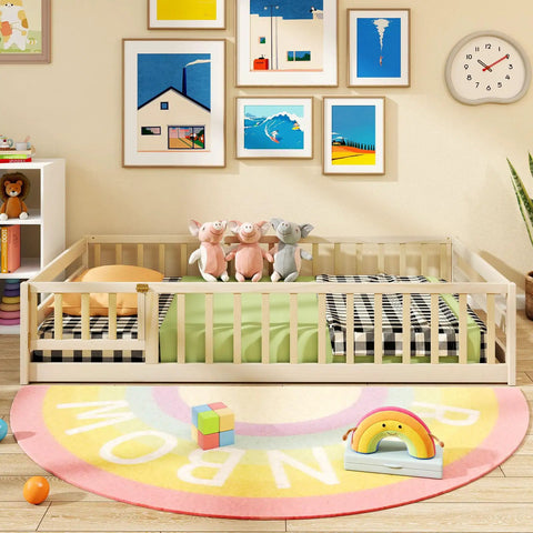 Totally Kid Approved Wooden Floor Bed With Secure Lockable Door And Heavy Duty Guardrails, Low Profile Montessori Sleeping Platform For Toddlers in a cozy surrounding.