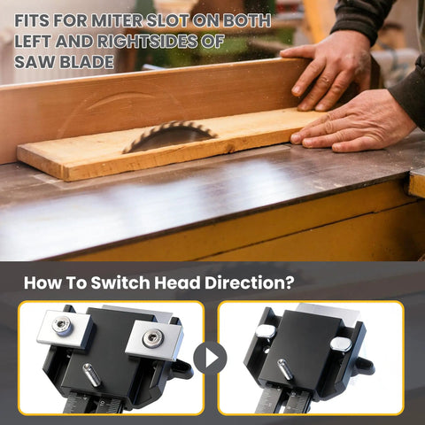 Precision Thin Rip Jig Featuring Heavy Duty Triple Pulleys For Dead Set Accurate Strip Cuts, Fits Standard U And T Slots, Smooth Operator On Table Saw Plus Band Saw, with user's hands guiding wood.