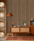 Level Up Your Studio Vibe With These 4 Pack 3D Wood Slat Wall Panels In Natural Walnut For Acoustic Sound Absorbing Home Office Decor That Completely Slays And Kills Room Echo. Interior with walnut slat wall panels, stylish lamp, and decor.