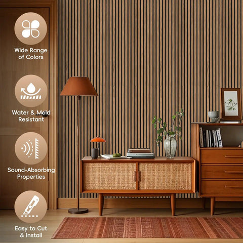 Level Up Your Studio Vibe With These 4 Pack 3D Wood Slat Wall Panels In Natural Walnut For Acoustic Sound Absorbing Home Office Decor That Completely Slays And Kills Room Echo. Interior with walnut slat wall panels, stylish lamp, and decor.