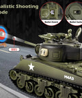 One Eighteen Scale M4A3 Sherman RC Tank With Smoke, LED Lights, realistic shooting mode displayed, aiming at a target