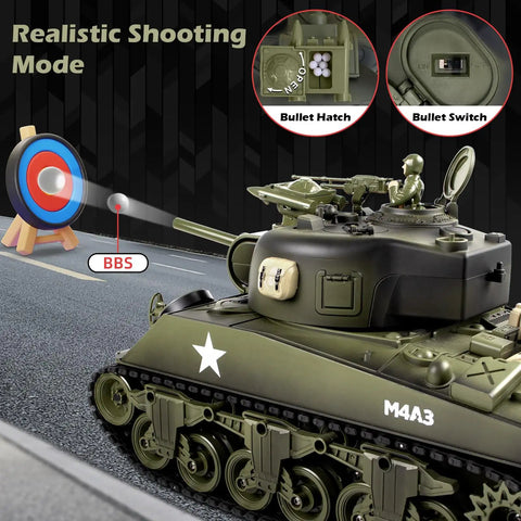 One Eighteen Scale M4A3 Sherman RC Tank With Smoke, LED Lights, realistic shooting mode displayed, aiming at a target