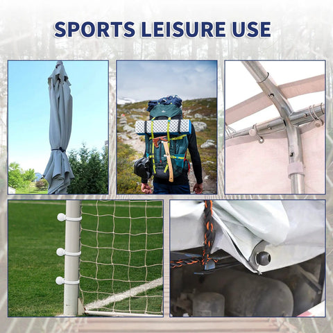 Tough As Nails 6 Inch Ball Bungee Cords Set securing camping gear, tent poles, and soccer goals with UV resistant ties.