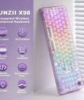 Smooth Wireless Mechanical Keyboard With Sleek Rotary Knob And Sick Tri Mode Sync For Effortless Multi Device Pairing Purple Crystal Switches, transparent design, full RGB.
