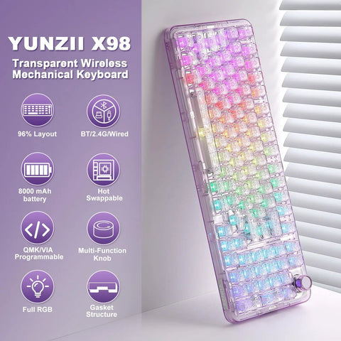 Smooth Wireless Mechanical Keyboard With Sleek Rotary Knob And Sick Tri Mode Sync For Effortless Multi Device Pairing Purple Crystal Switches, transparent design, full RGB.
