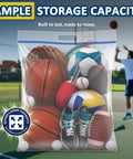 25 Gallon Extra Large Resealable Storage Bags With Zipper Top, filled with sports balls on a tennis court, showing ample capacity.