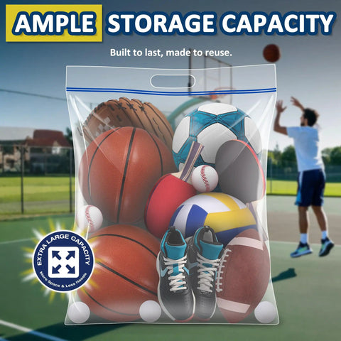 25 Gallon Extra Large Resealable Storage Bags With Zipper Top, filled with sports balls on a tennis court, showing ample capacity.