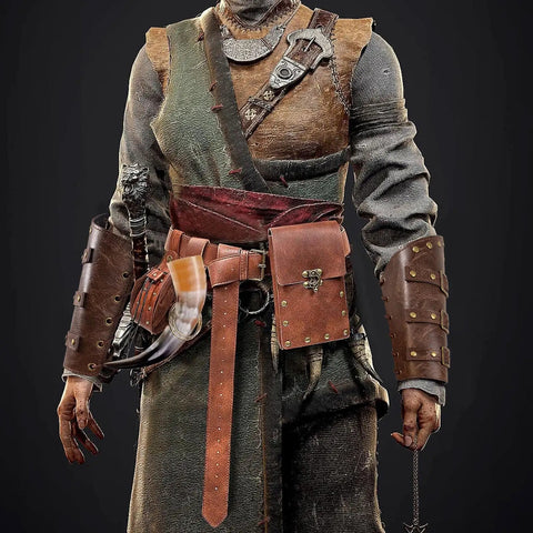 Dual Brown Renaissance Belt Pouch And Viking Bracer Kit Featuring Detachable Waist Bag With Heavy Duty Hook Strap As Legit Everyday Carry Piece Crafted For Medieval Festival Costumes And Chill Hangout Sessions Or Badass Halloween Bash Gear, worn by model showcasing pouch, belt, and bracers.
