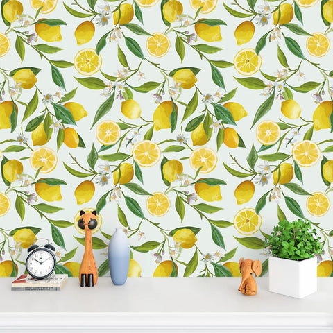 Lemon Peel And Stick Floral Wallpaper Dope Fresh Citrus Leaf Prints Removable Self Adhesive Vinyl For Nursery Bedroom Kitchen Walls Cabinets And Shelf Liners 17.7 By 118 Inches on wall behind decor