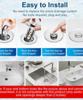 Universal Bathroom Sink Drain Strainer With All Metal Pop Up Stopper And Removable Stainless Steel Filter Basket Stops Pesky Hair Blockage For A Hella Smooth And Leak Free Daily Wash Silver installation guide images showing the steps for replacing the sink stopper.
