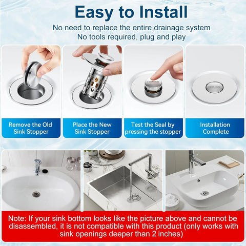 Universal Bathroom Sink Drain Strainer With All Metal Pop Up Stopper And Removable Stainless Steel Filter Basket Stops Pesky Hair Blockage For A Hella Smooth And Leak Free Daily Wash Silver installation guide images showing the steps for replacing the sink stopper.