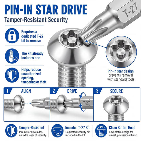 Pin-in star drive T-27 bit security screw illustrating tamper-resistant features for Snag This Solid 50 Pack Of 1/4-20 X 1-1/2 Inch Security Machine Screws With Matched T-27 Bit Tamper Proof Anti Theft Fasteners No Sweat Install Ready For Garage Or Basement Build Project.