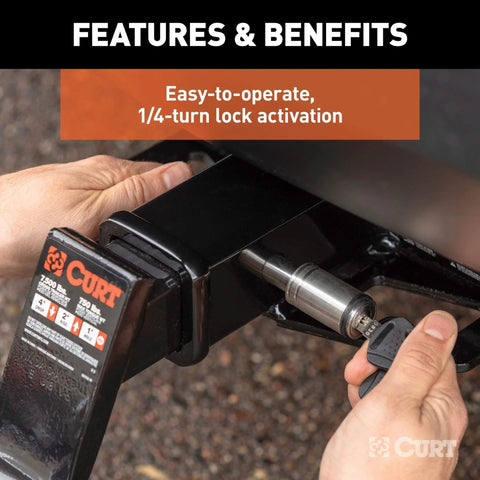Stainless Steel Trailer Hitch Lock With Five-Eighth Inch Pin Diameter Fits Two-Inch Or Two And A Half-Inch Receivers Barbell-Style Locking Hitch Pin For Easy Reliable Security installed in hitch receiver