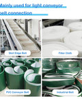 Assorted conveyor belt materials including skirt edge belt, filter cloth, PVC conveyor belt, and industrial belt on display