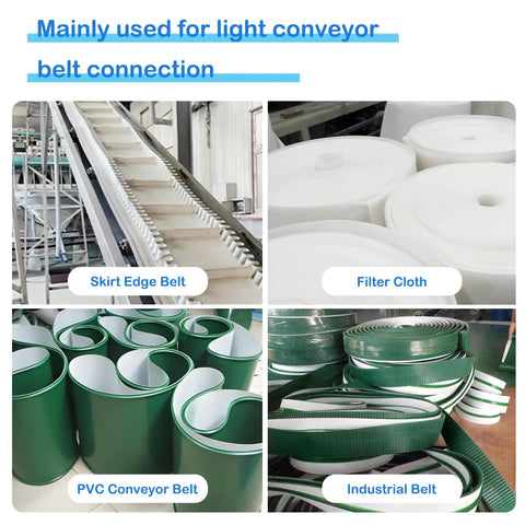 Assorted conveyor belt materials including skirt edge belt, filter cloth, PVC conveyor belt, and industrial belt on display